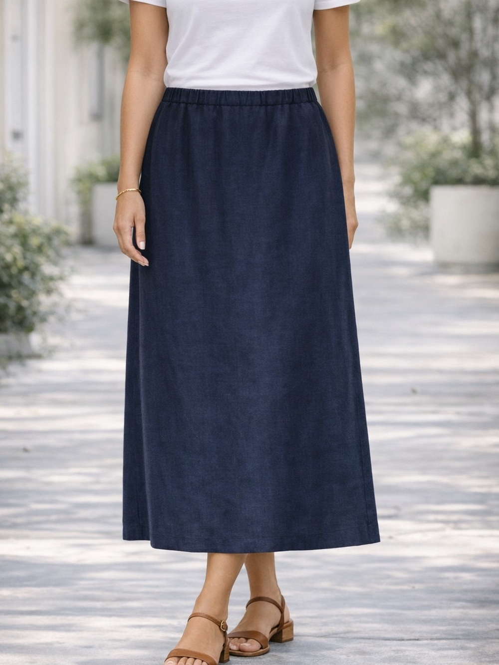 Eddie Bauer Black Linen Midi Skirt Size 12 Tall Elastic Waist Minimalist